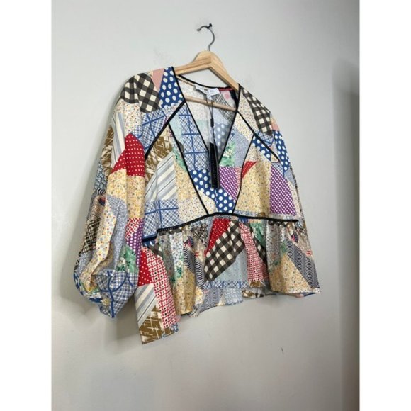 NWT Hunter Bell 3/4 Sleeves Peplum Grayson V-Neck Top Patchwork Multicolor - Picture 3 of 8